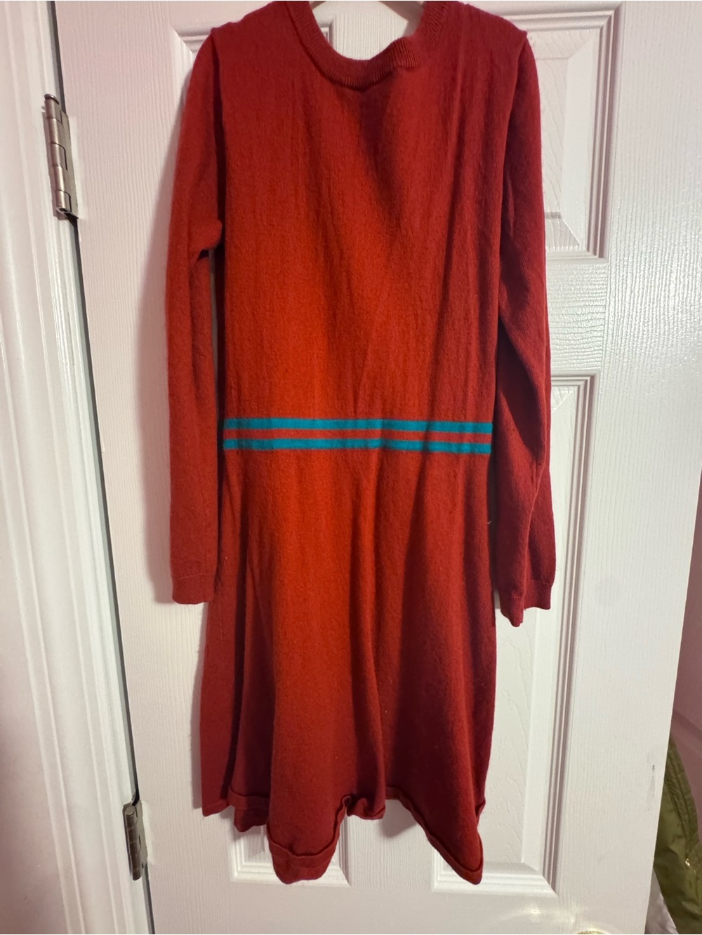 Jacadi Orange-Red Knit Dress with Teal Waist Stripes